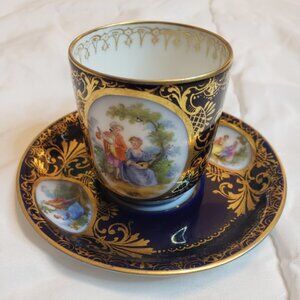 RK Dresden Germany Tea Cup Saucer Set Cobalt Blue Gold Demitasse Klemm Antique